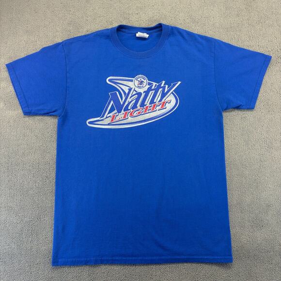 Natty Light Shirt Men's Medium Blue Short Sleeve Beer Shirt College Distressed - Picture 1 of 8